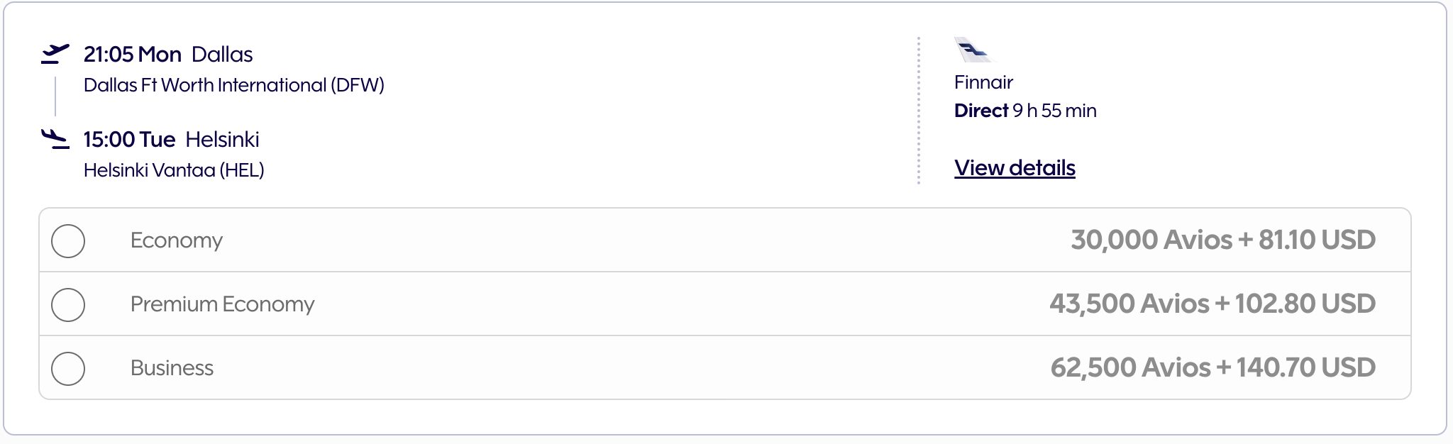 Cost of Finnair flight from Dallas to Helsinki in Avios