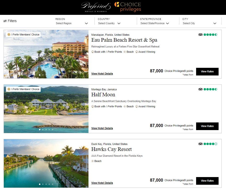 Award rates for some of the top Preferred Hotels & Resorts you can book with Choice points