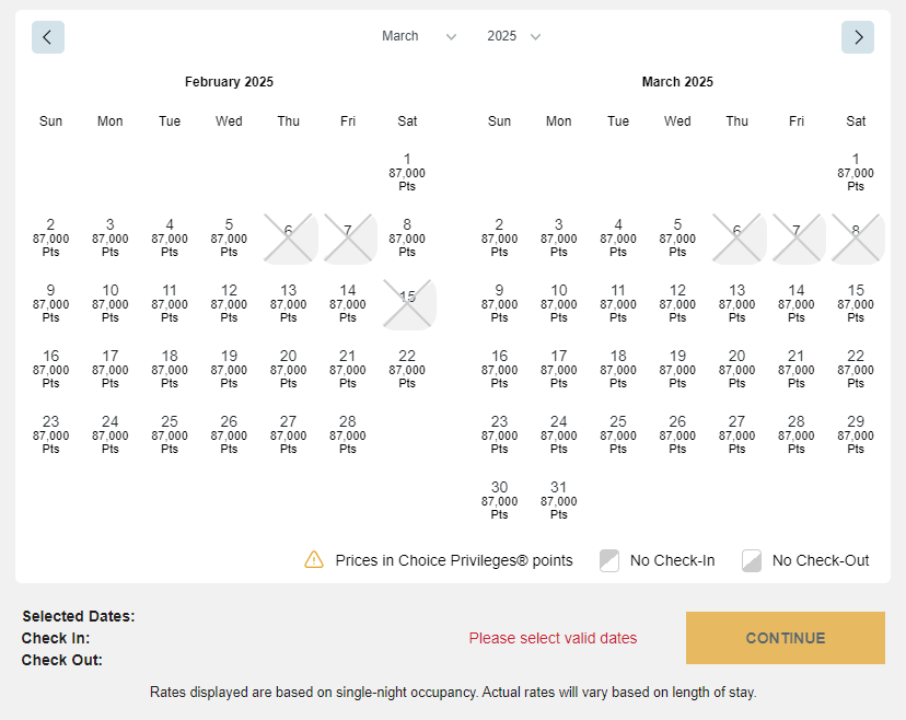 Award rate calendar for a Preferred Hotels & Resorts property bookable with Choice points