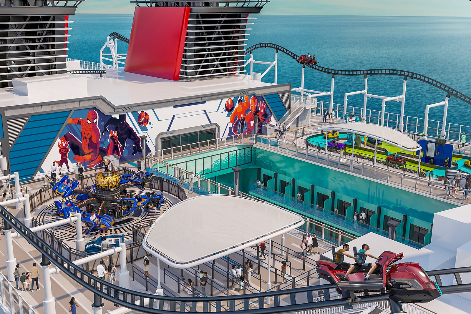 Cruise ship rendering with rollercoaster and thrill rides