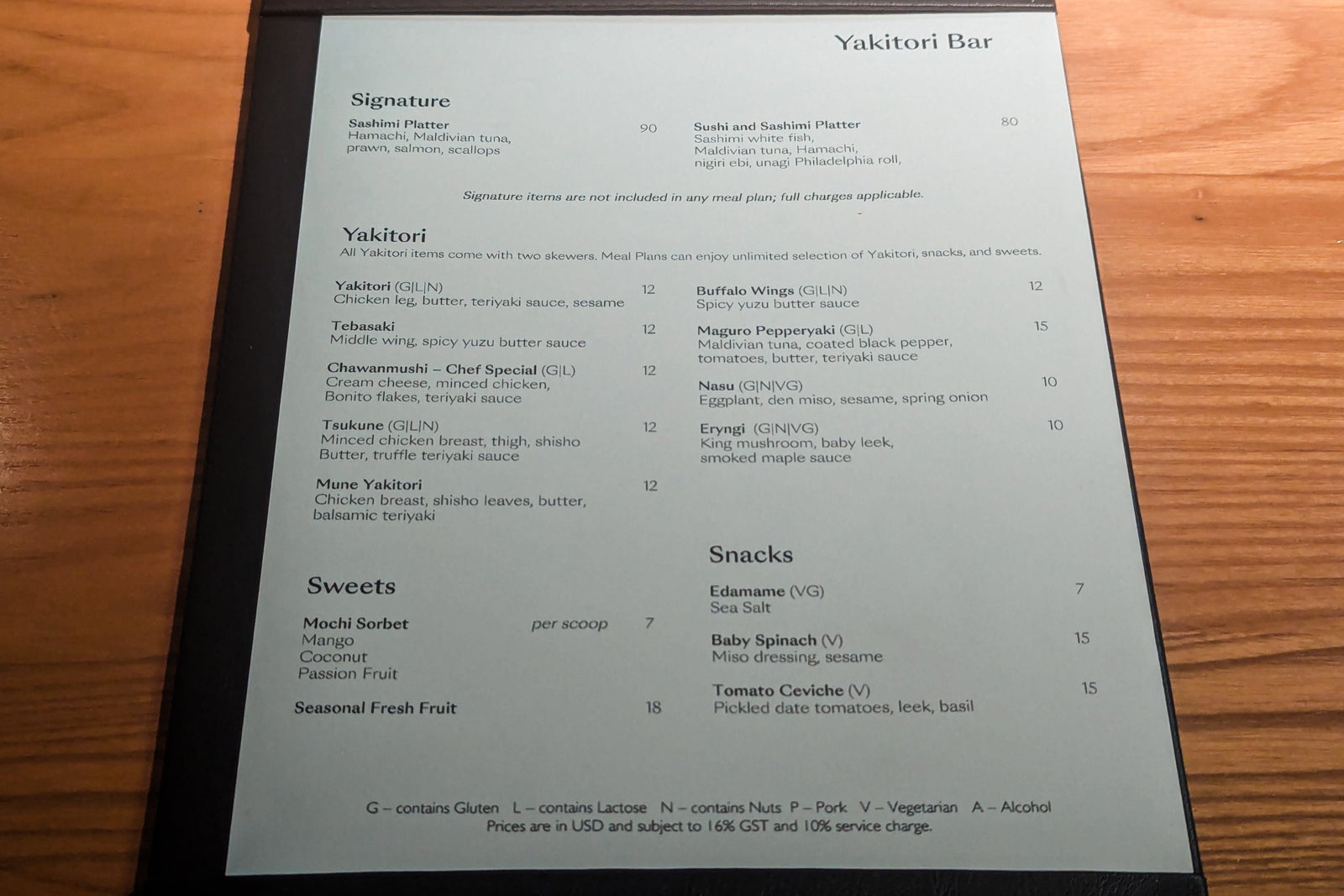 Alila Kothaifaru Maldives Yakatori menu