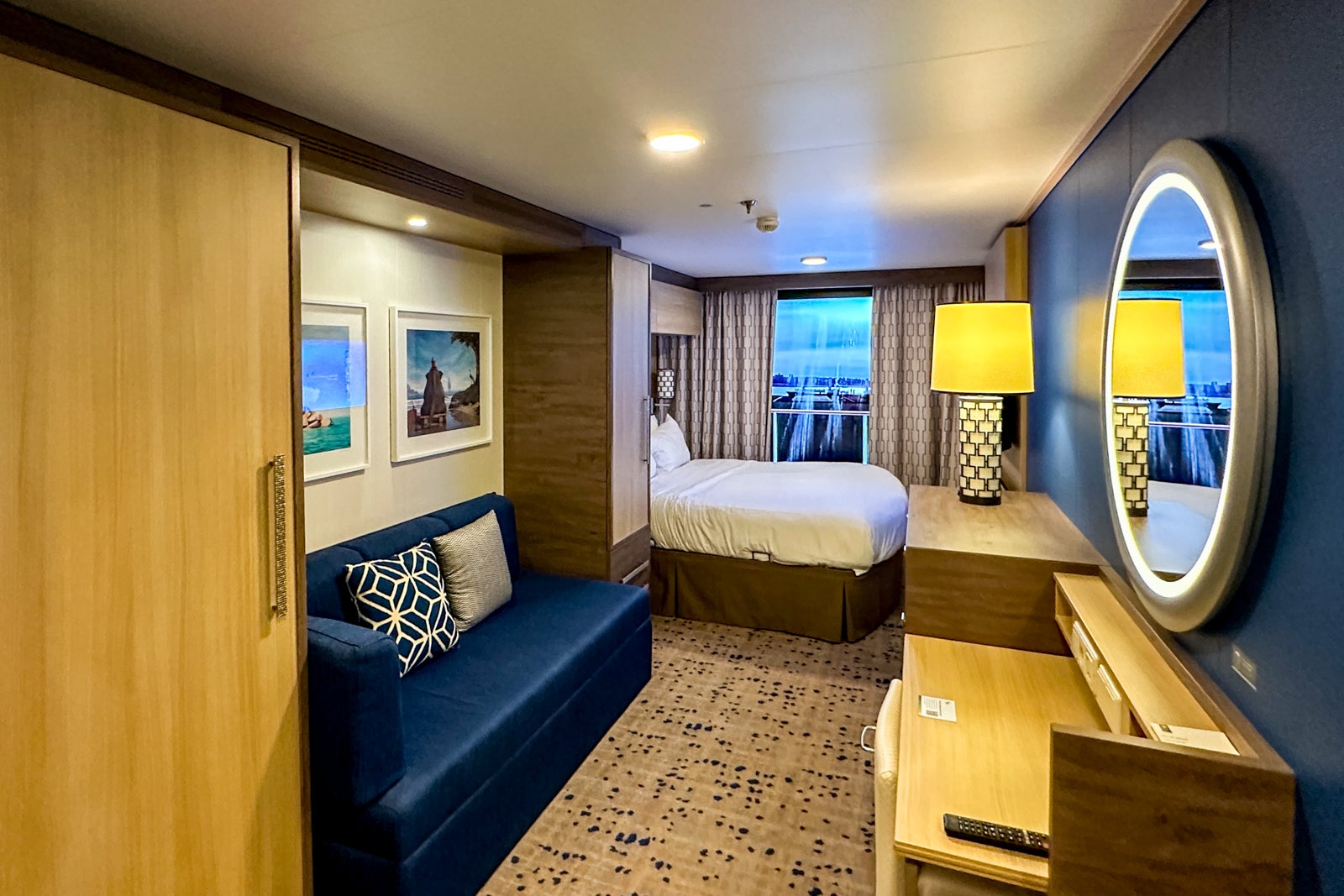 A cruise ship cabin with a virtual balcony screen