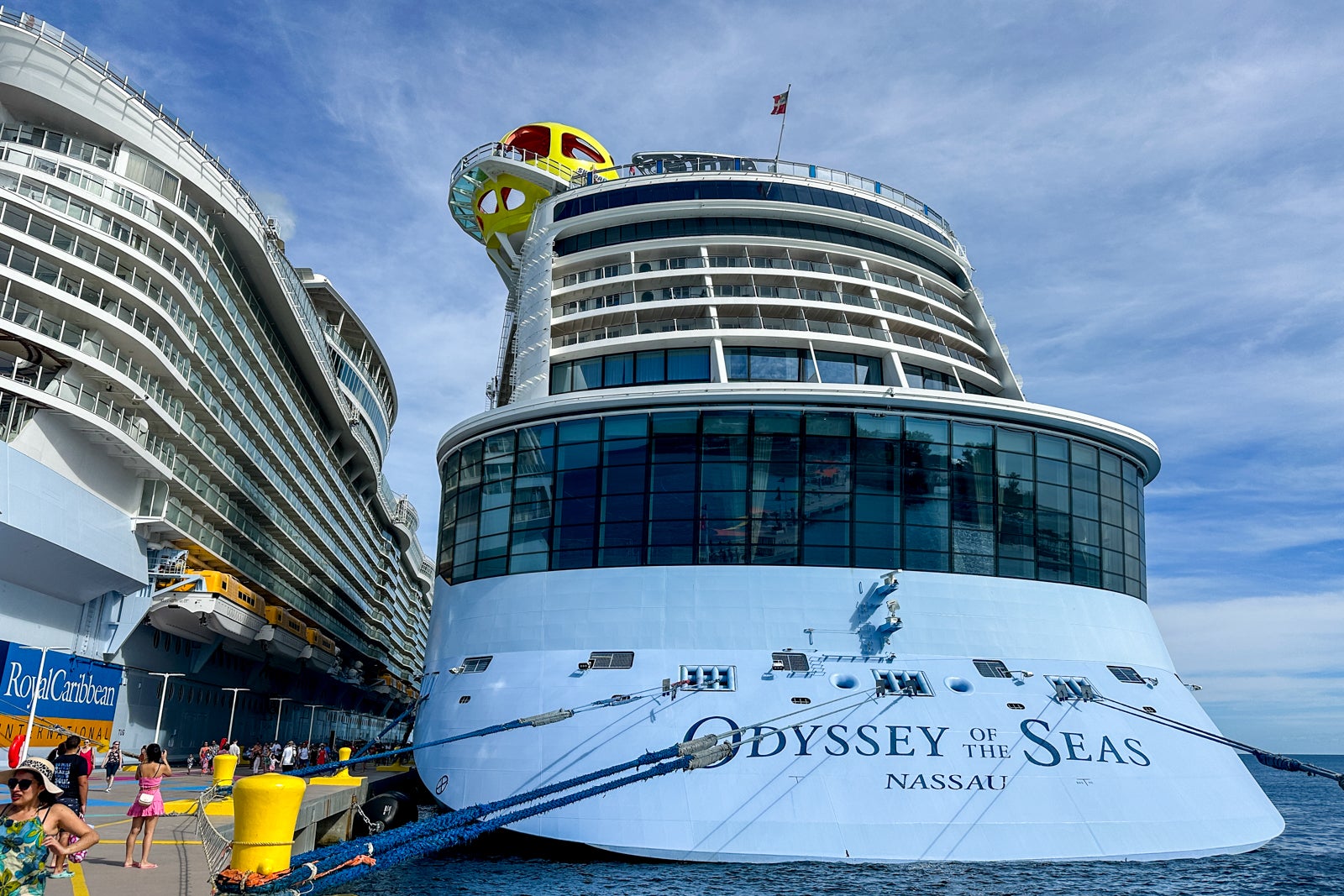 An aft view of a cruise ship with the words "Odyssey of the Seas"