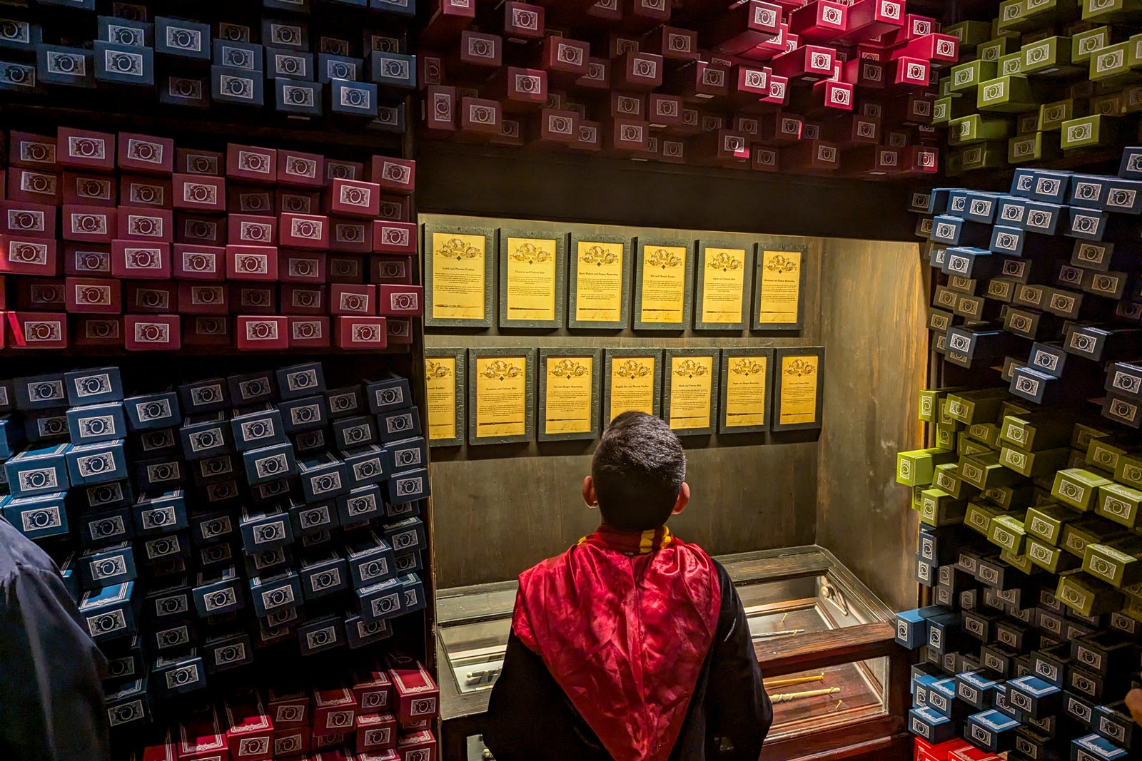 Boy in Hogwarts robes looks at wands