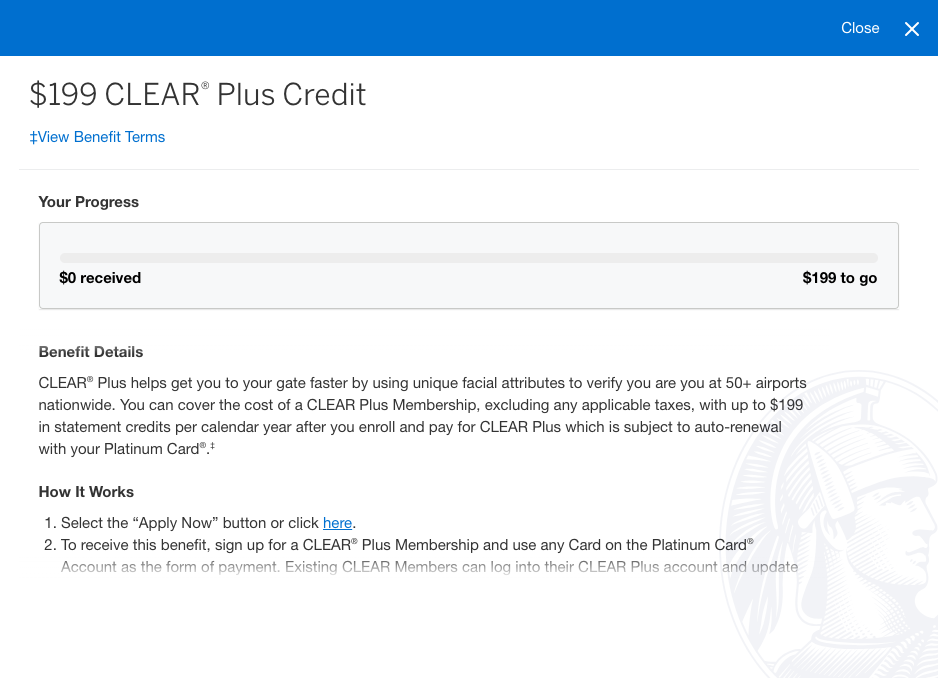 Screenshot showing the Amex Clear Plus benefit.