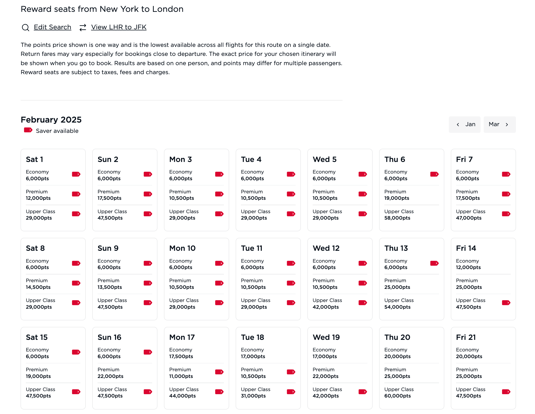 Screenshot showing Saver pricing in Februrary 2025 between NYC and London.