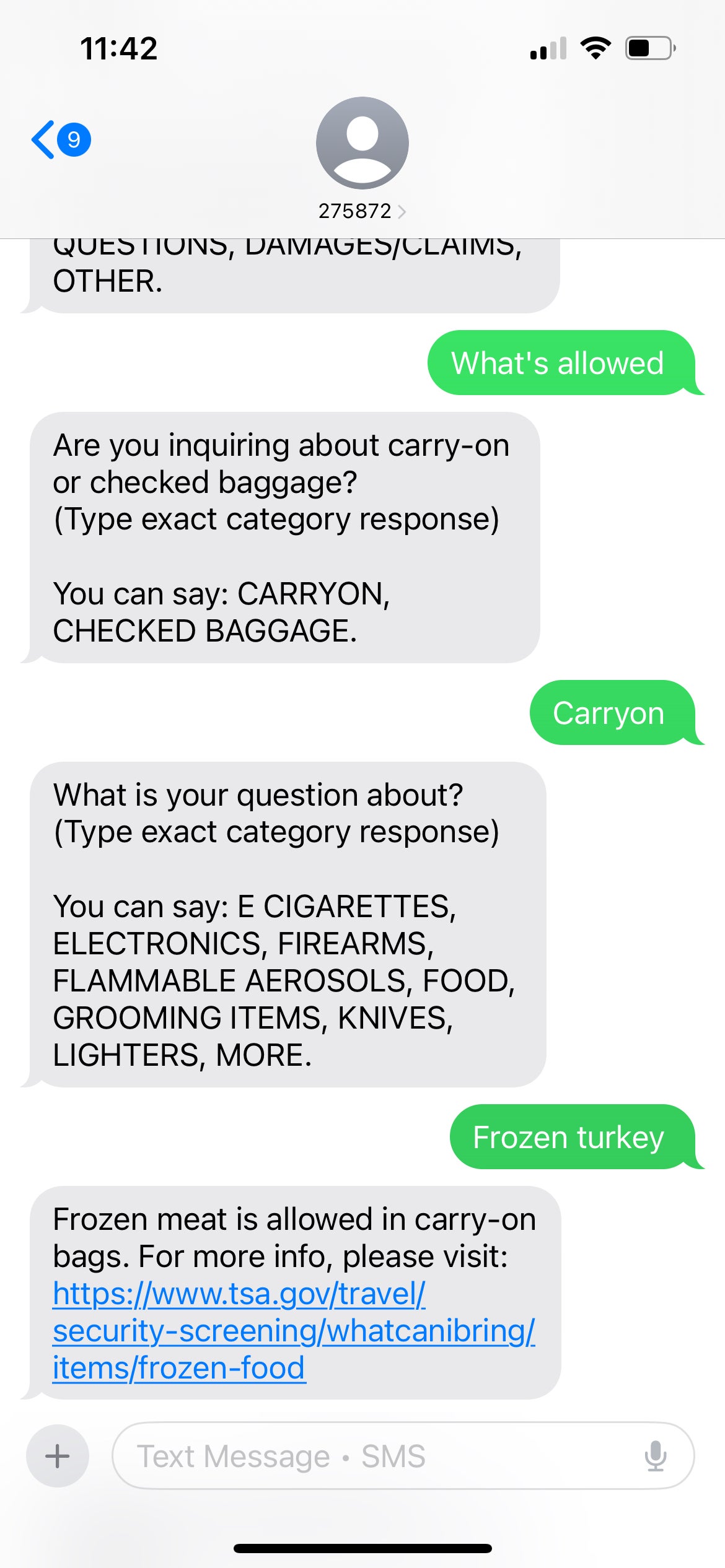 Text message to "travel" at AskTSA (275-872). TSA.GOV