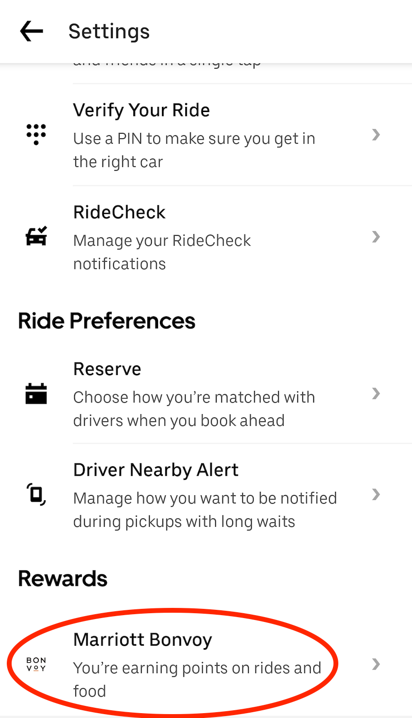 Uber app settings 