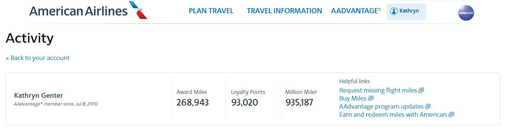 AAdvantage Million Miler progress