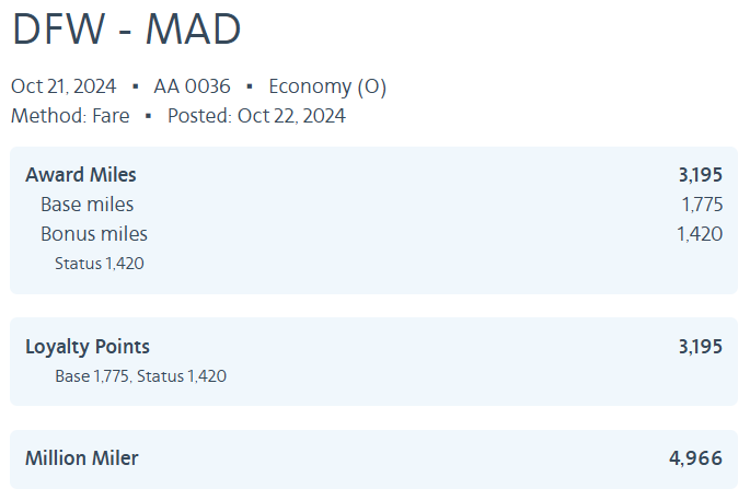 American Airlines Million Miler earnings