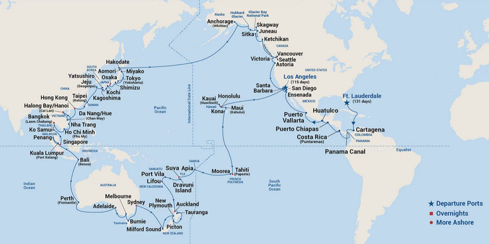 A map of a cruise ship route