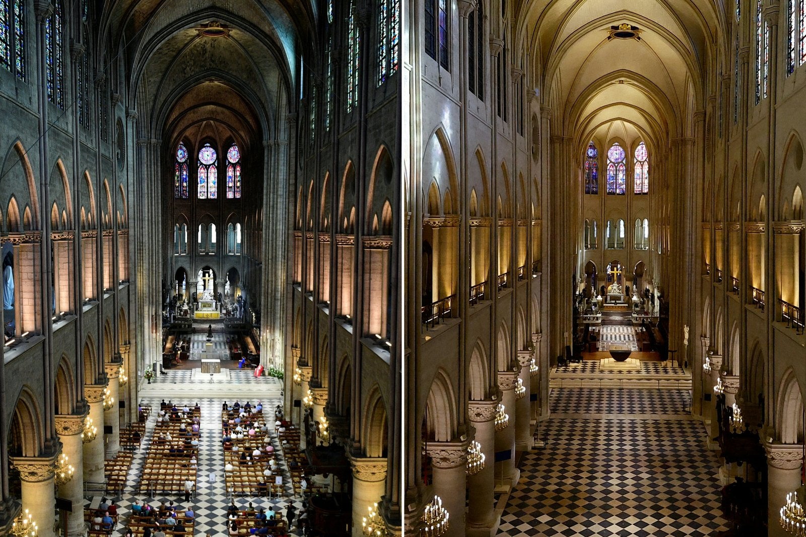 The nave of Notre Dame Cathedral on June 28, 2017 (L) and on Nov. 29, 2024 (R).