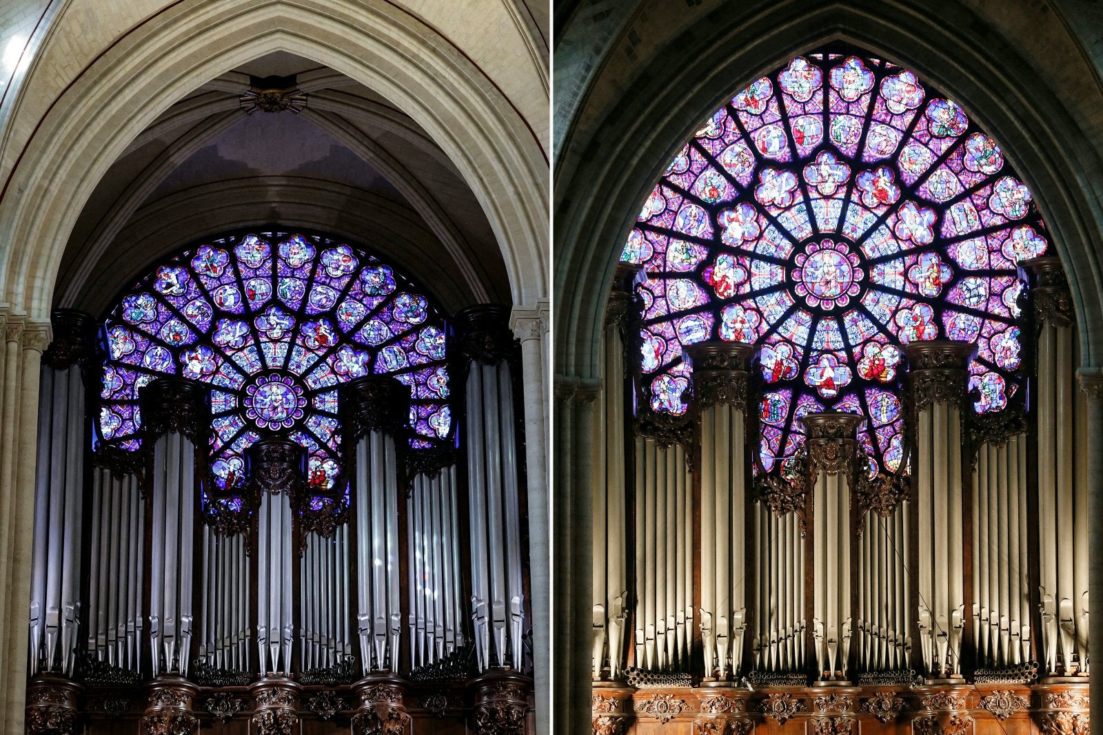 The western rose window and grand organ of Notre Dame Cathedral on Nov. 29, 2024 (L) and on Nov. 30, 2012 (R).