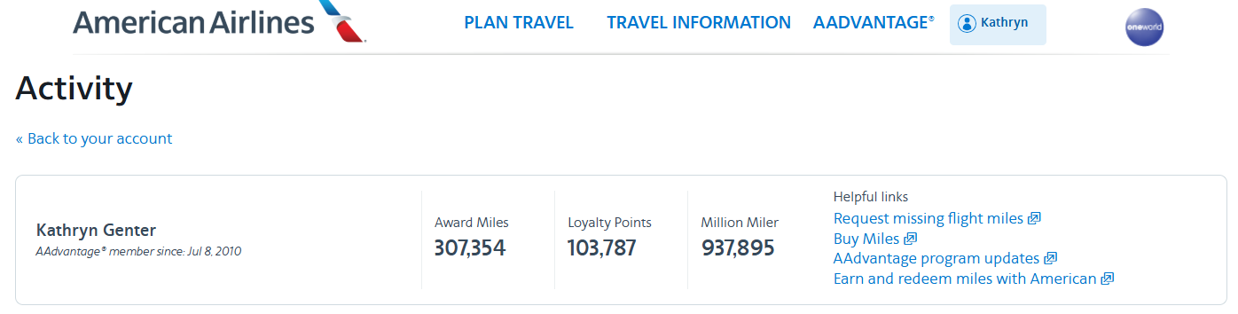 Progress toward American Airlines Million Miler status