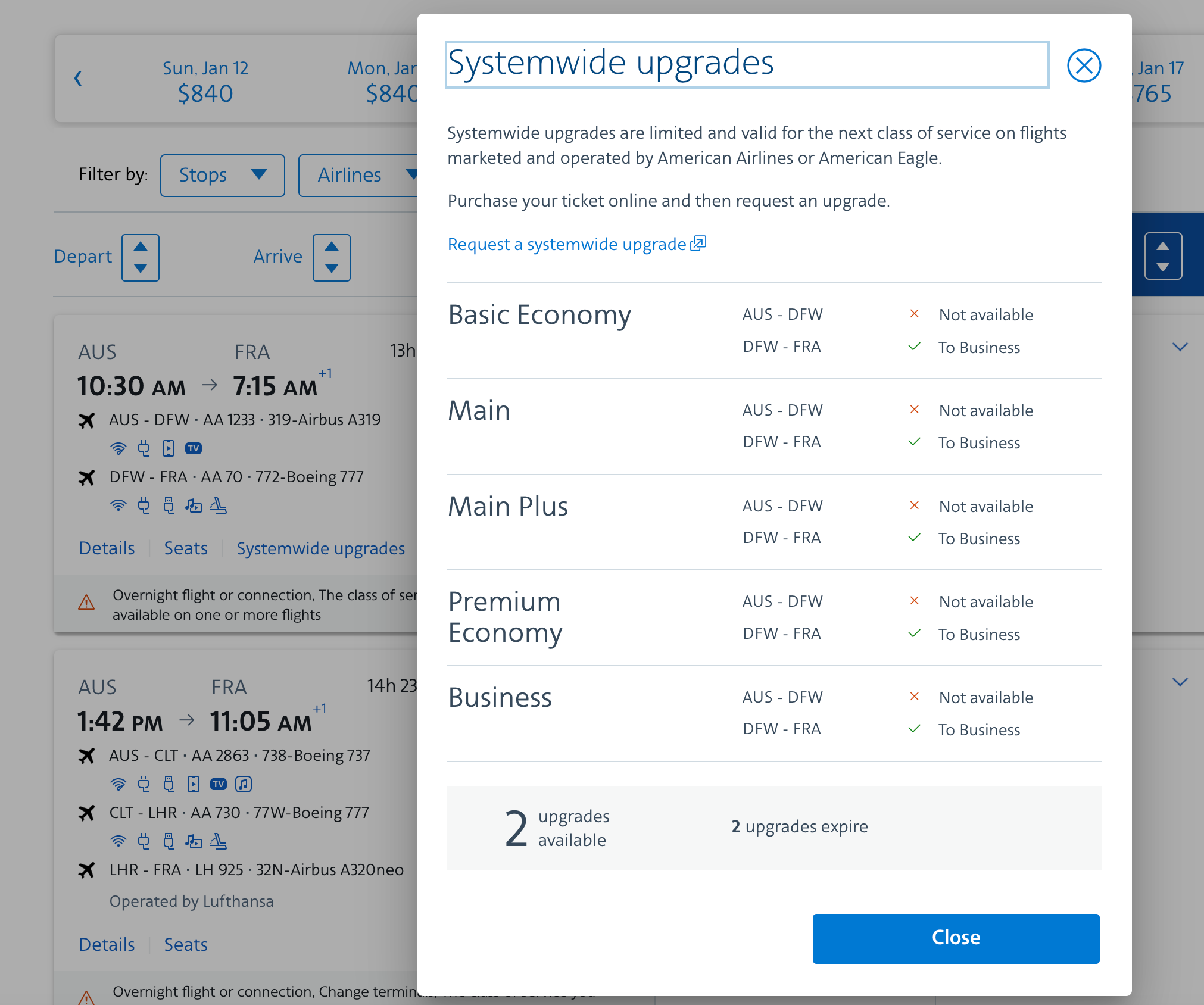 American Airlines systemwide upgrade results online