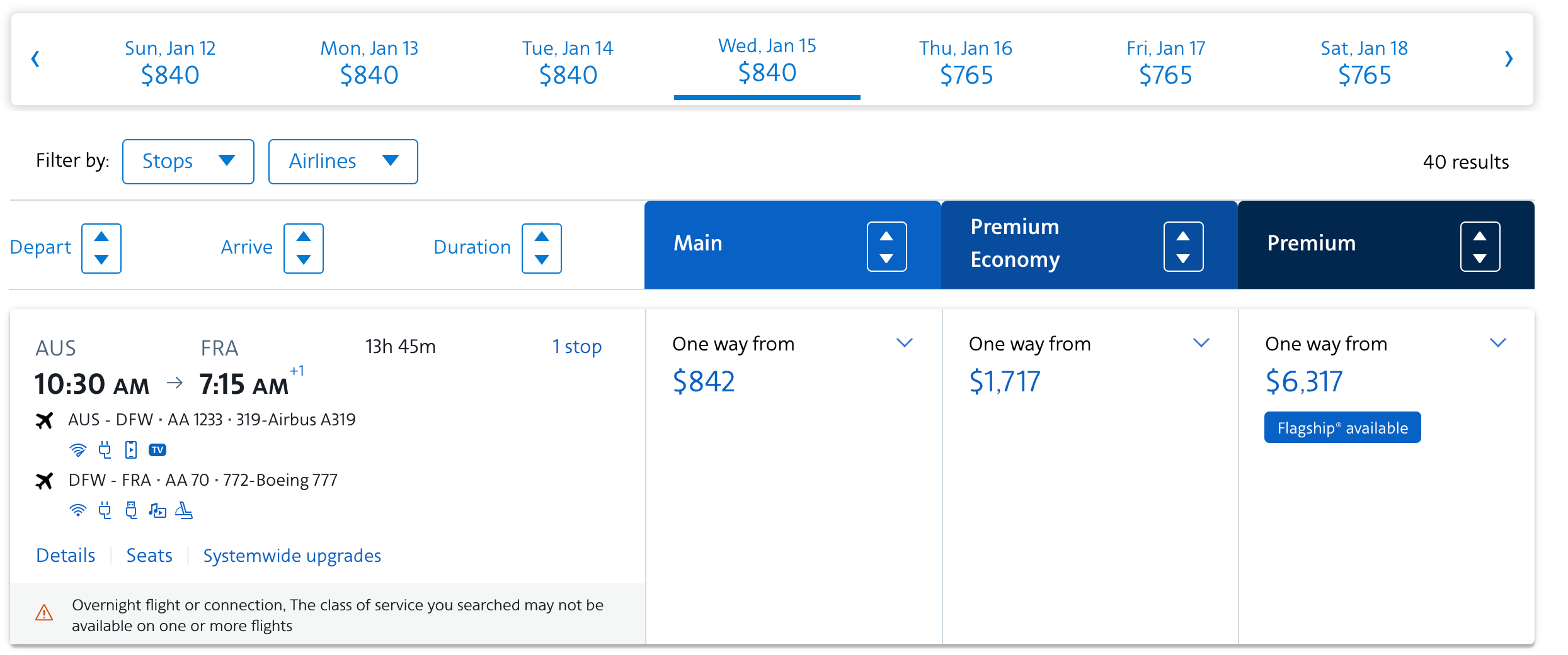 American Airlines systemwide upgrade results in search