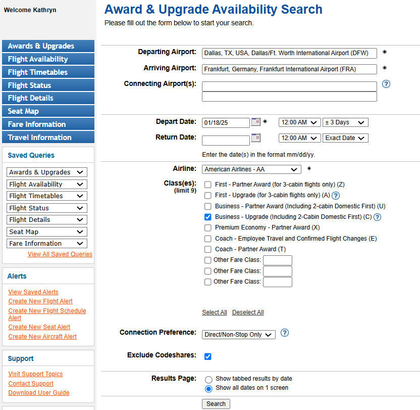 Searching for American Airlines systemwide upgrade space with Expert Flyer