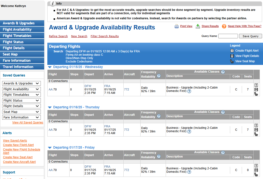 Searching for American Airlines systemwide upgrade space with Expert Flyer