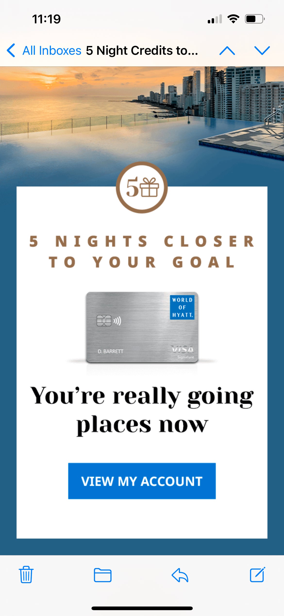 Email confirming Hyatt qualifying nights from credit card. WORLD OF HYATT