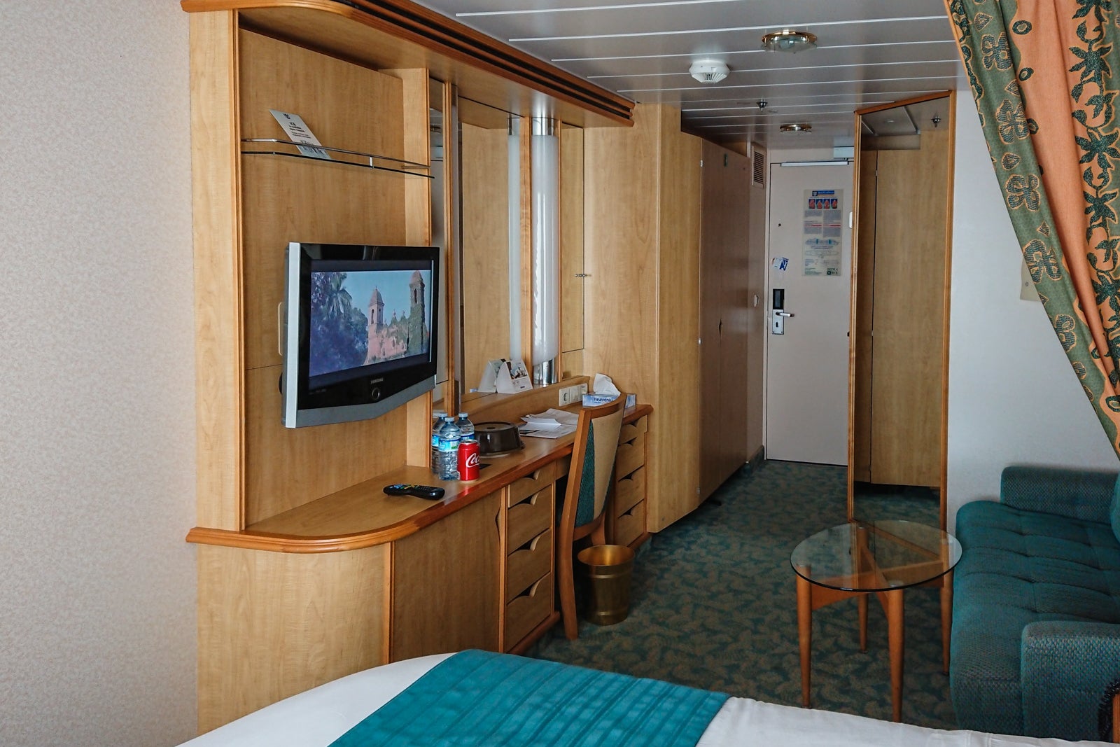 Cruise ship cabin vanity area and closet