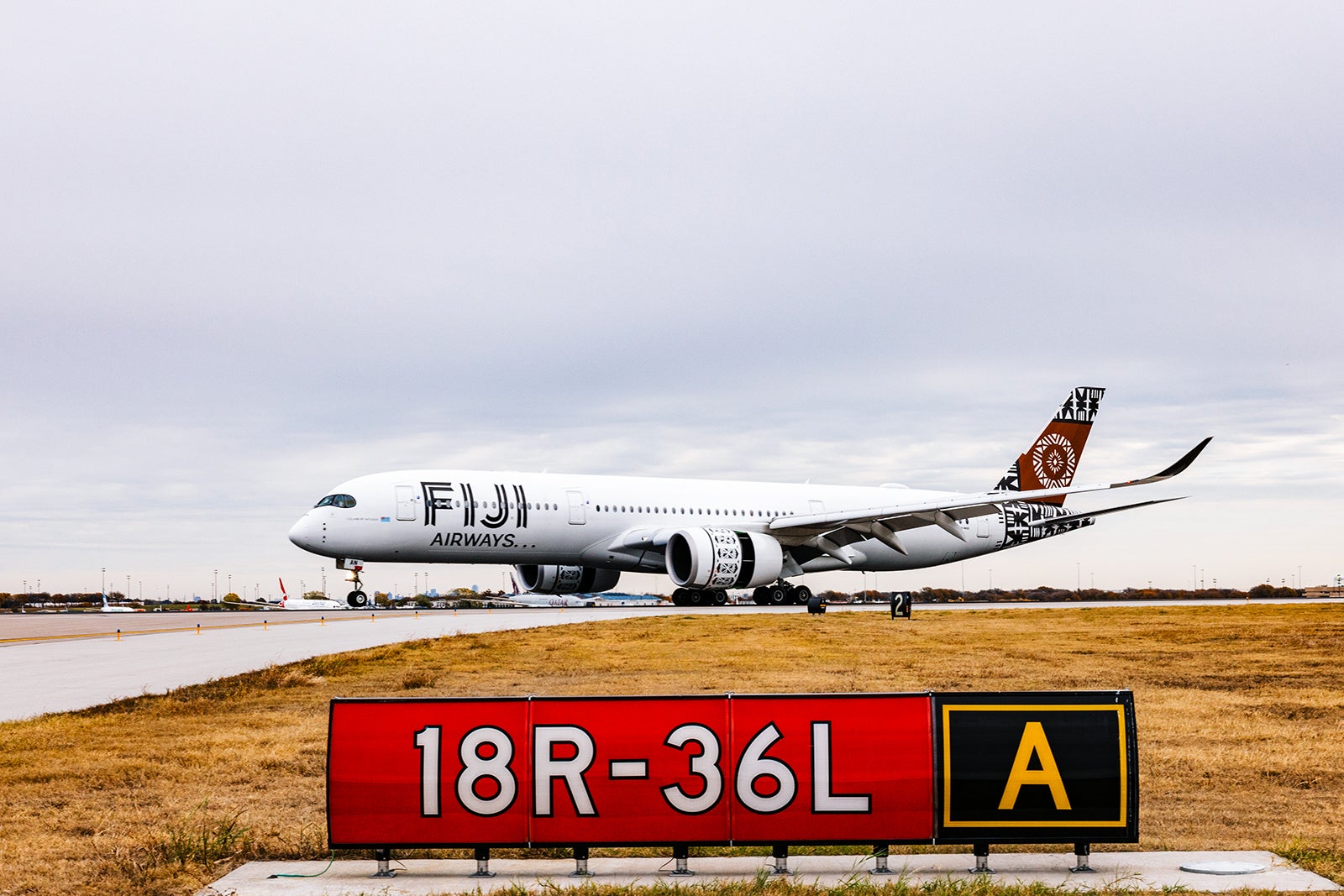 A Fiji Airways' Airbus A350 lands at Dallas Fort Worth International Airport on Dec. 11. 2024, as the carrier completes its inaugural flight between Fiji and DFW