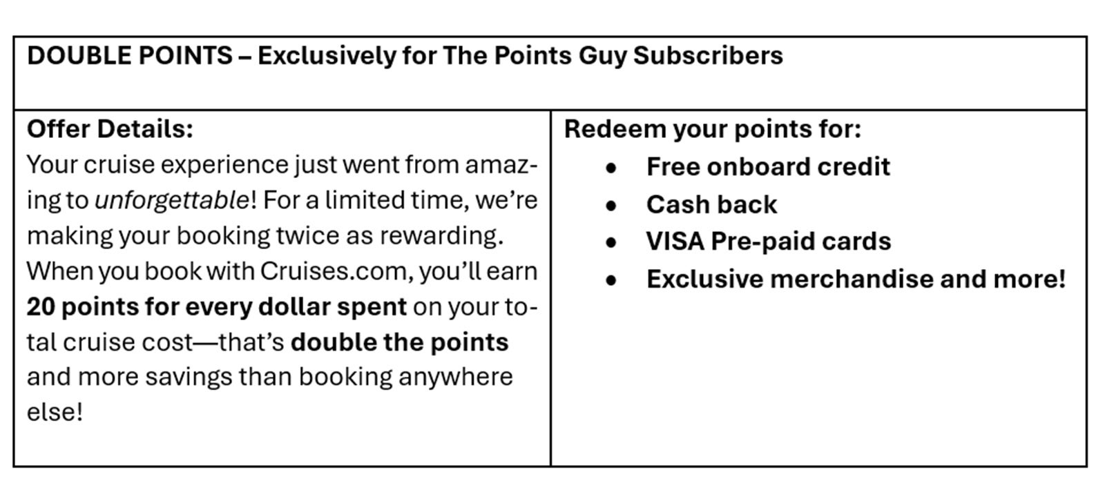 A grid showing points earning benefits for TPG readers