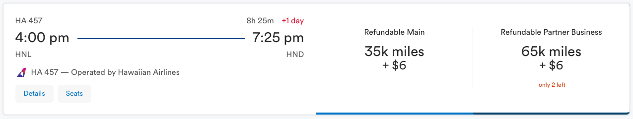 Alaska Airlines Award Itineray from Honolulu to Tokyo on Hawaiian