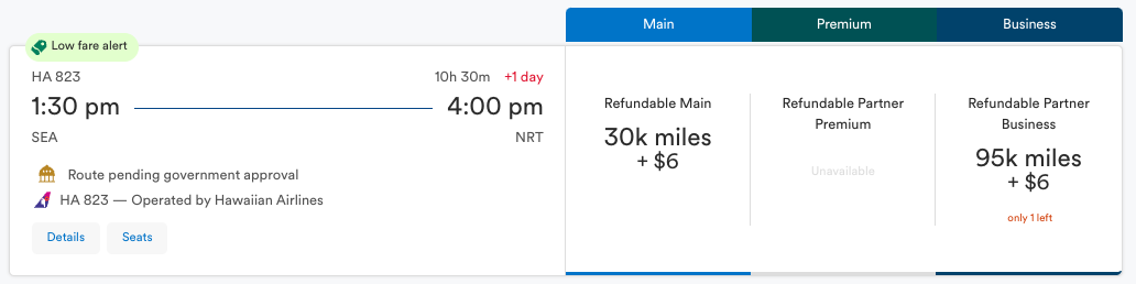 Alaska Airlines Award Itineray from Seattle to Tokyo on Hawaiian