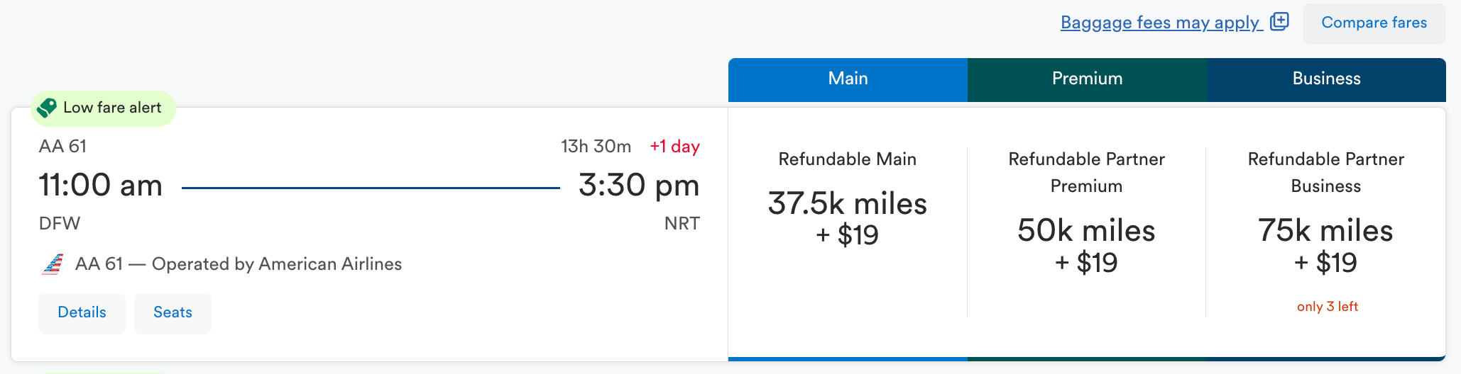 An American Airlines flight from Dallas to Tokyo on Alaska Airlines