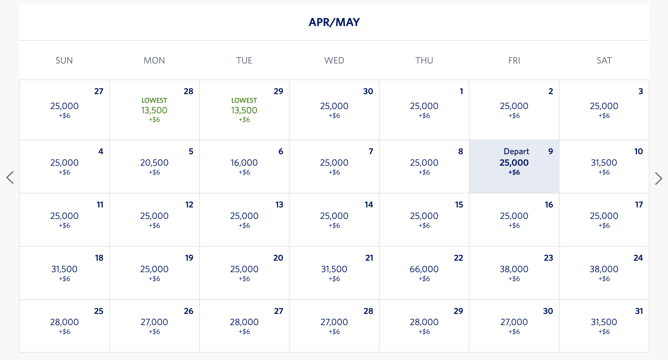 Delta price calendar LAX-HNL Apr/May