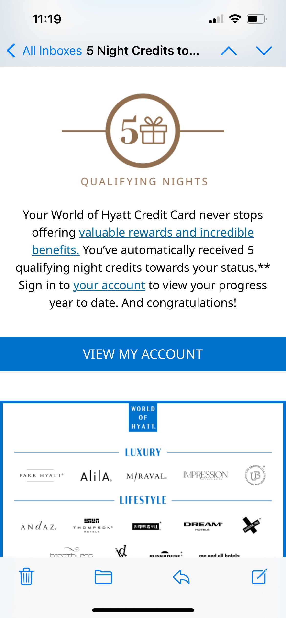 Email confirming Hyatt qualifying nights from credit card. WORLD OF HYATT