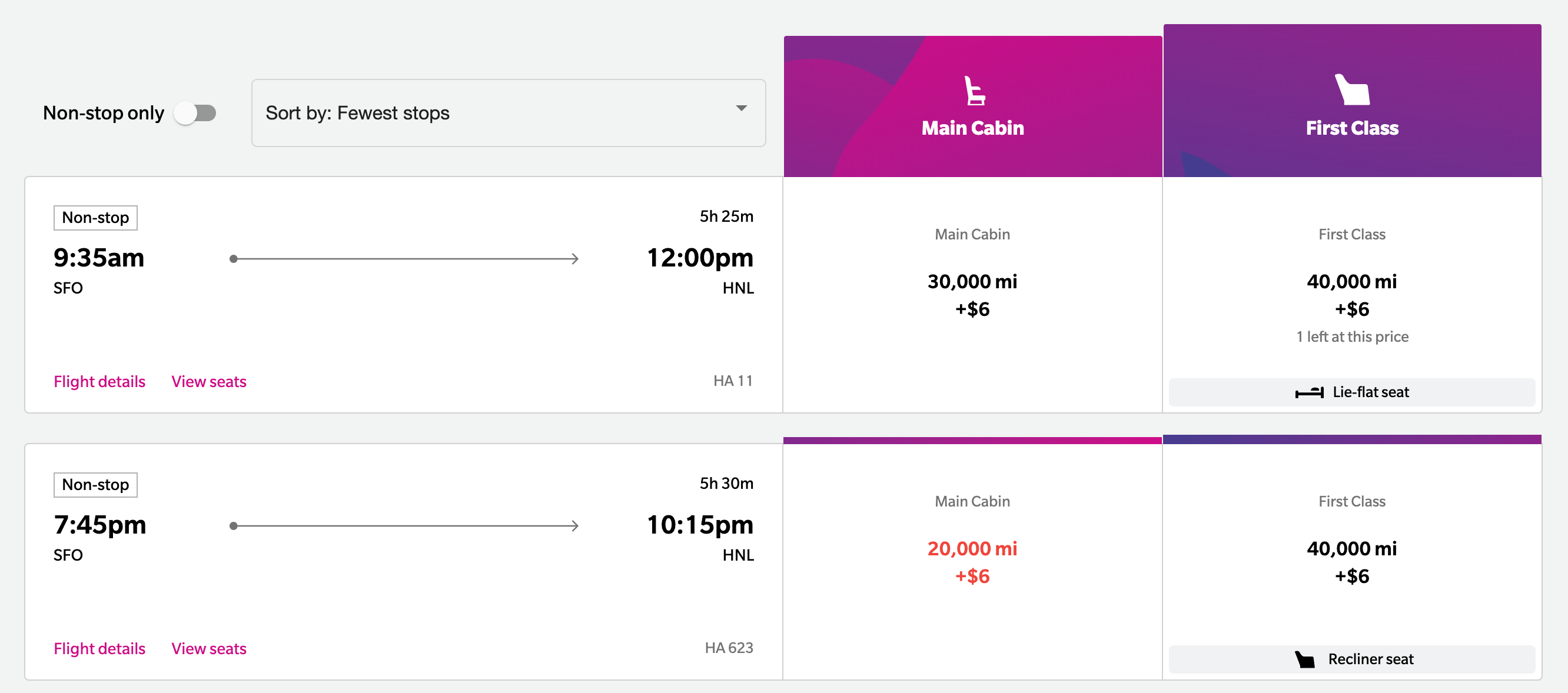 Hawaiian flight SFO-HNL miles