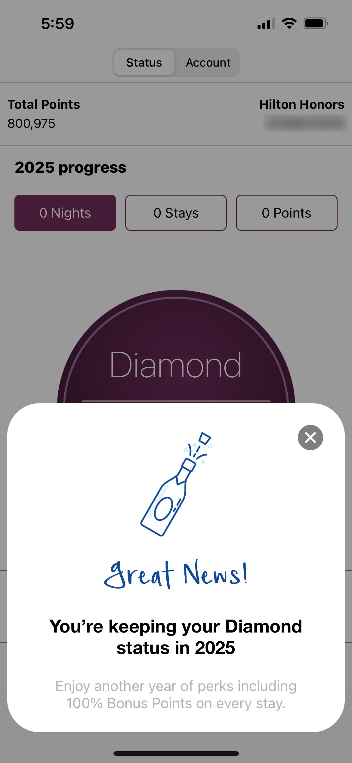 Hilton Diamond status notification.