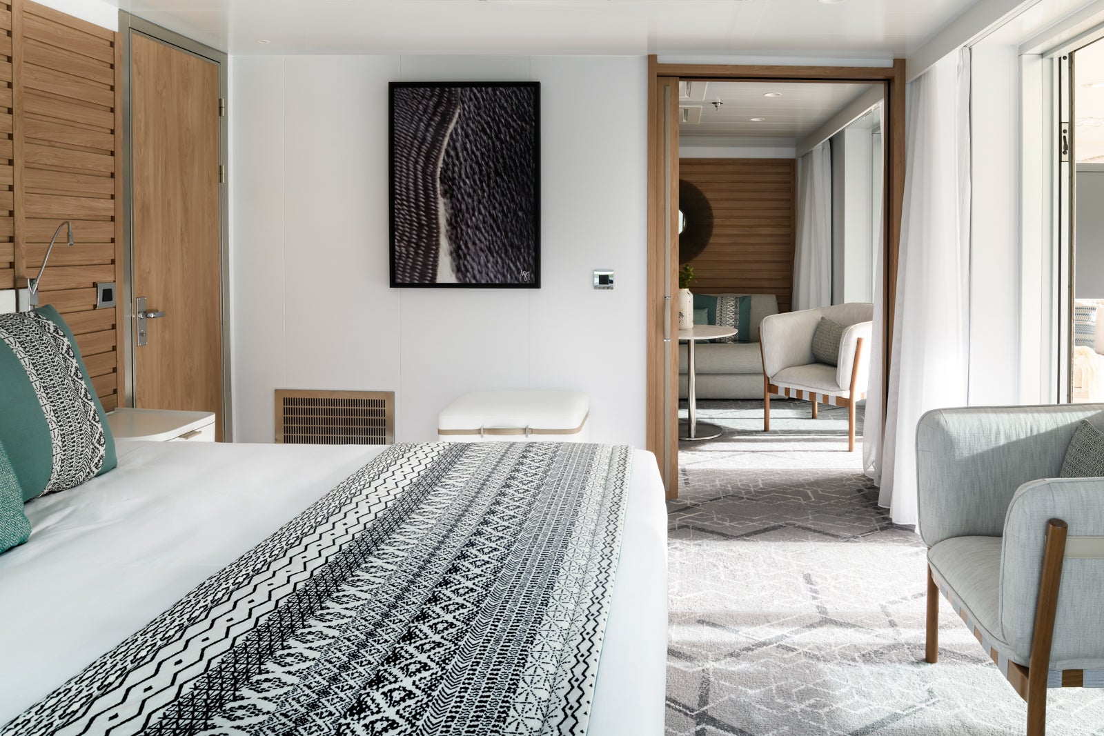 The bedroom in a ssuite on Ponant's Le Champlain