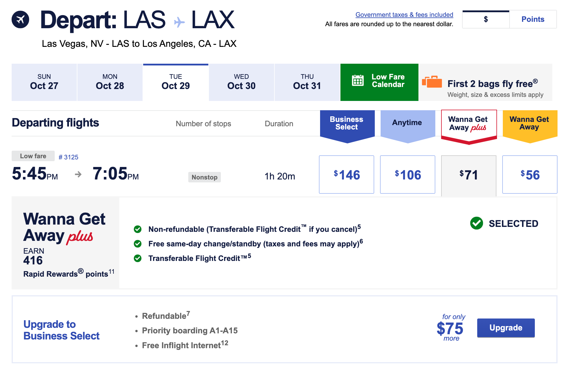 A Southwest flight from Las Vegas to Los Angeles in October 2024