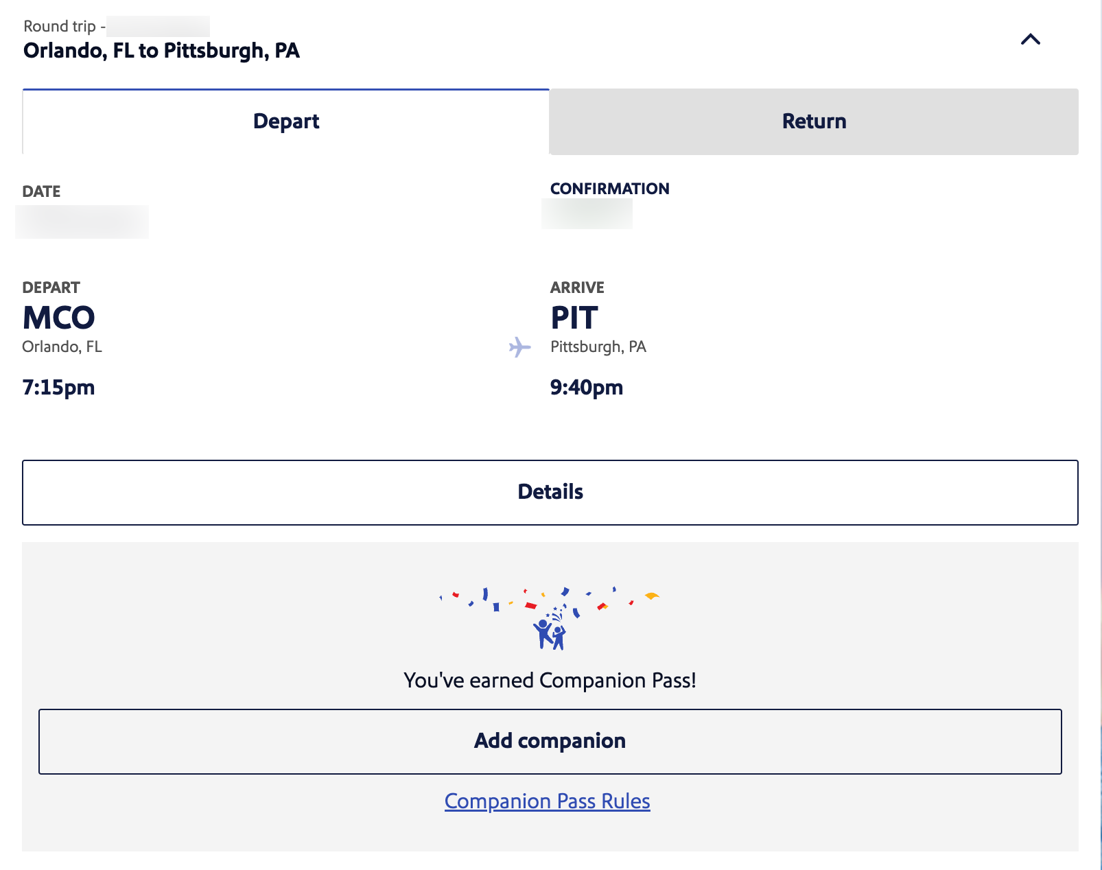 An online Southwest reservation showing the link to add a companion