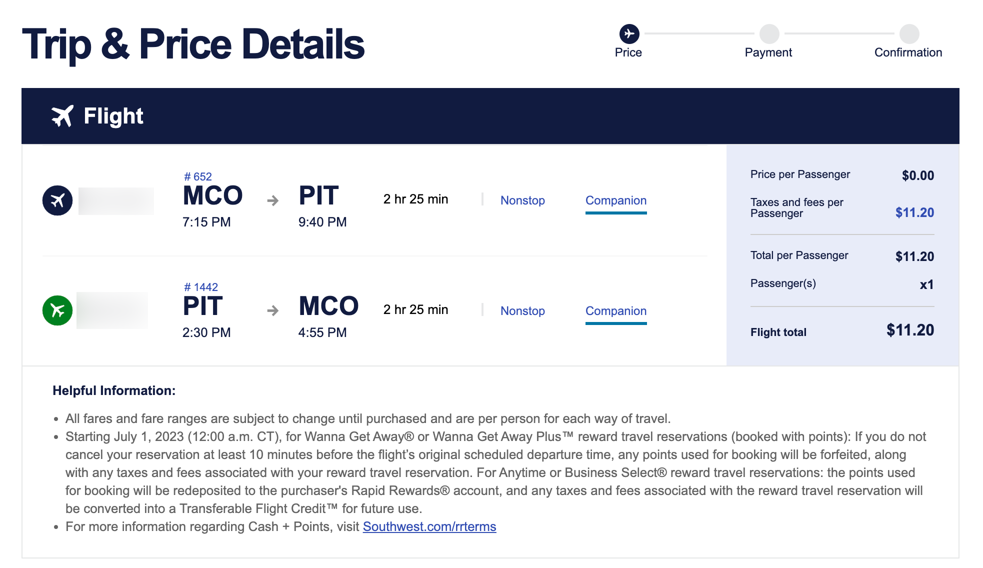 The flight details page when adding a companion to a Southwest reservation