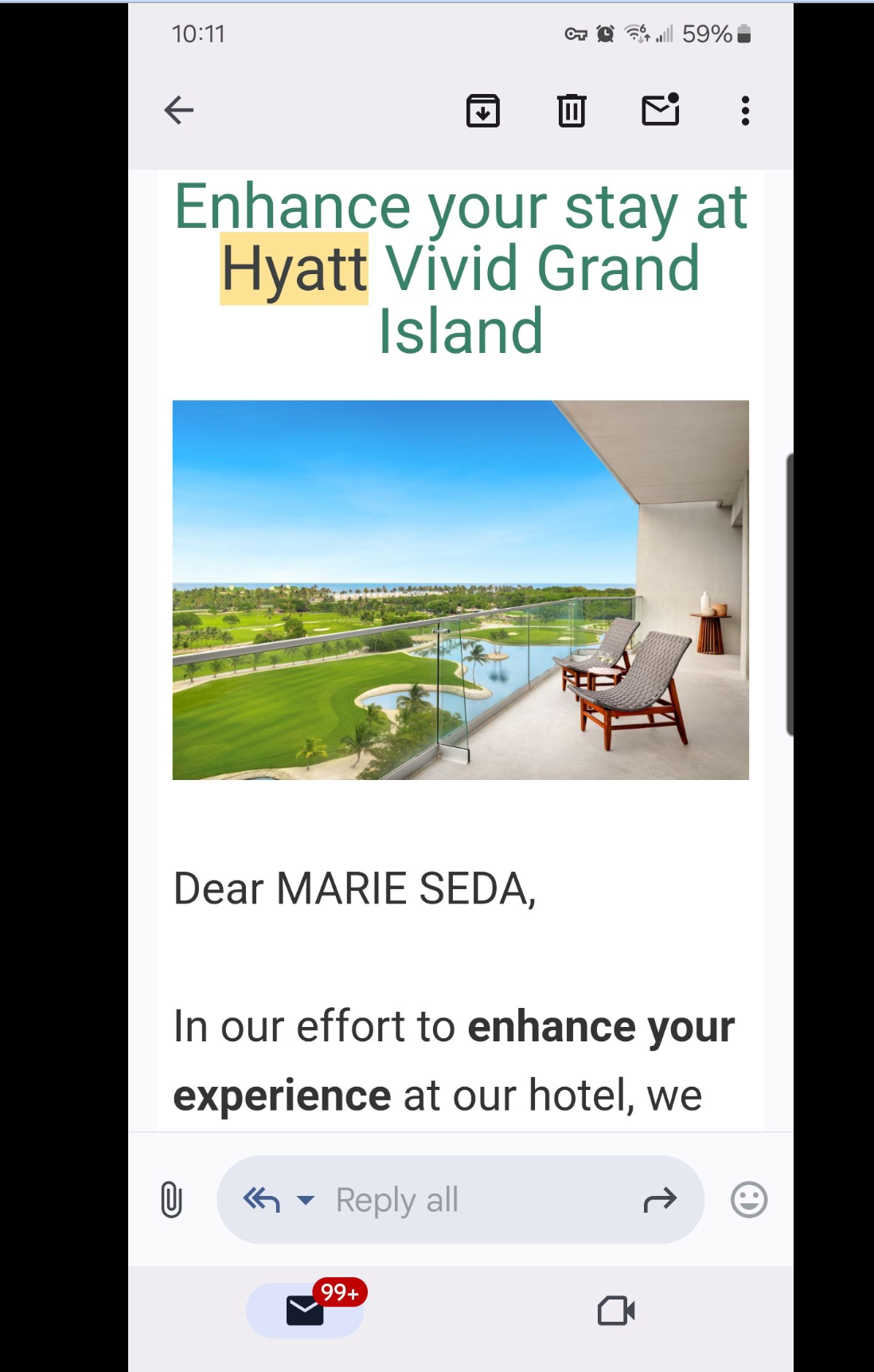 Upgrade offer from Hyatt Vivid Grand Island.