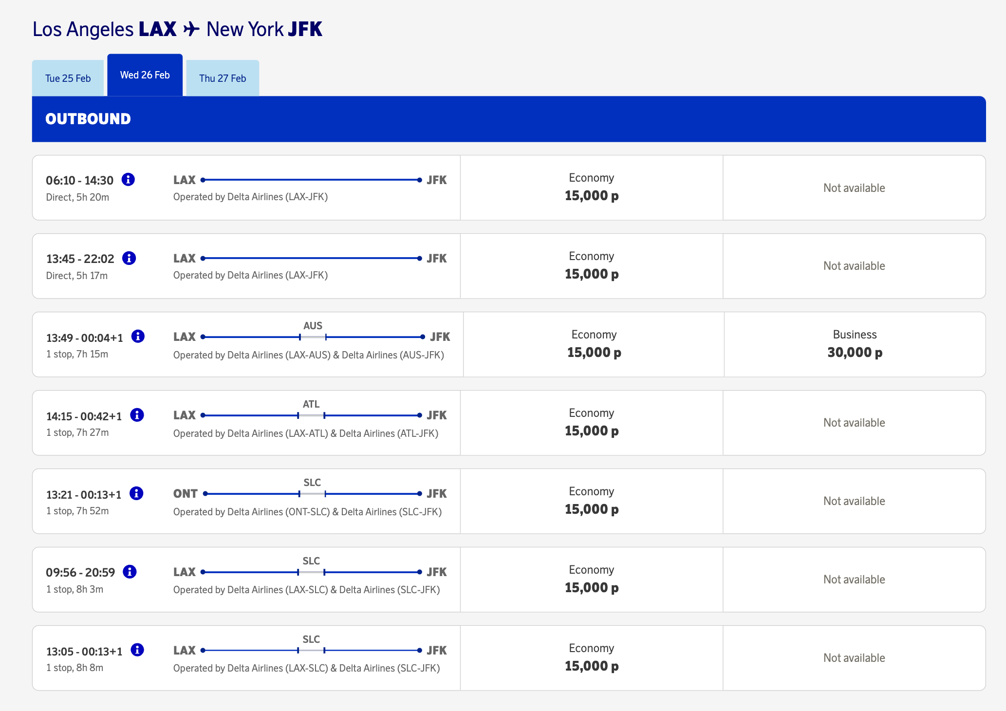 Prices of an award flight on Delta via SAS