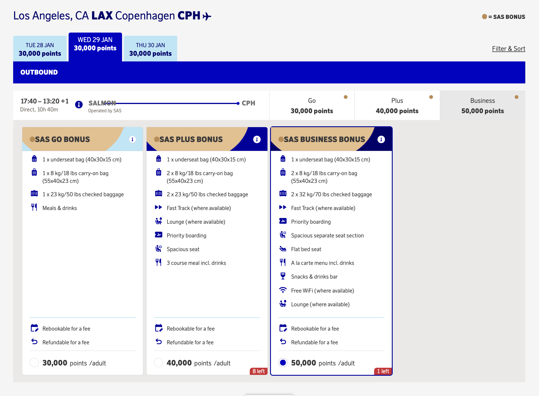 SAS redemption prices