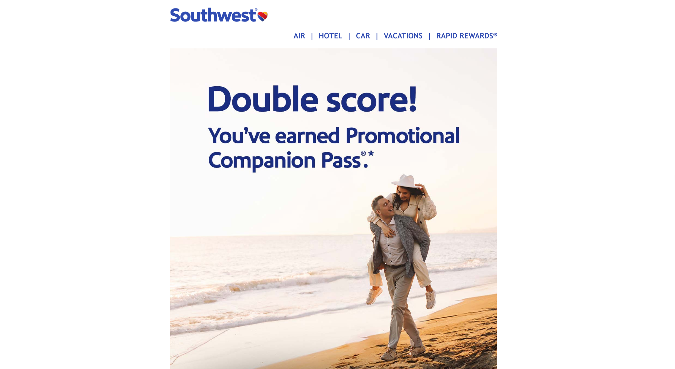 An email confirming that you've earned a promotion Southwest Companion Pass