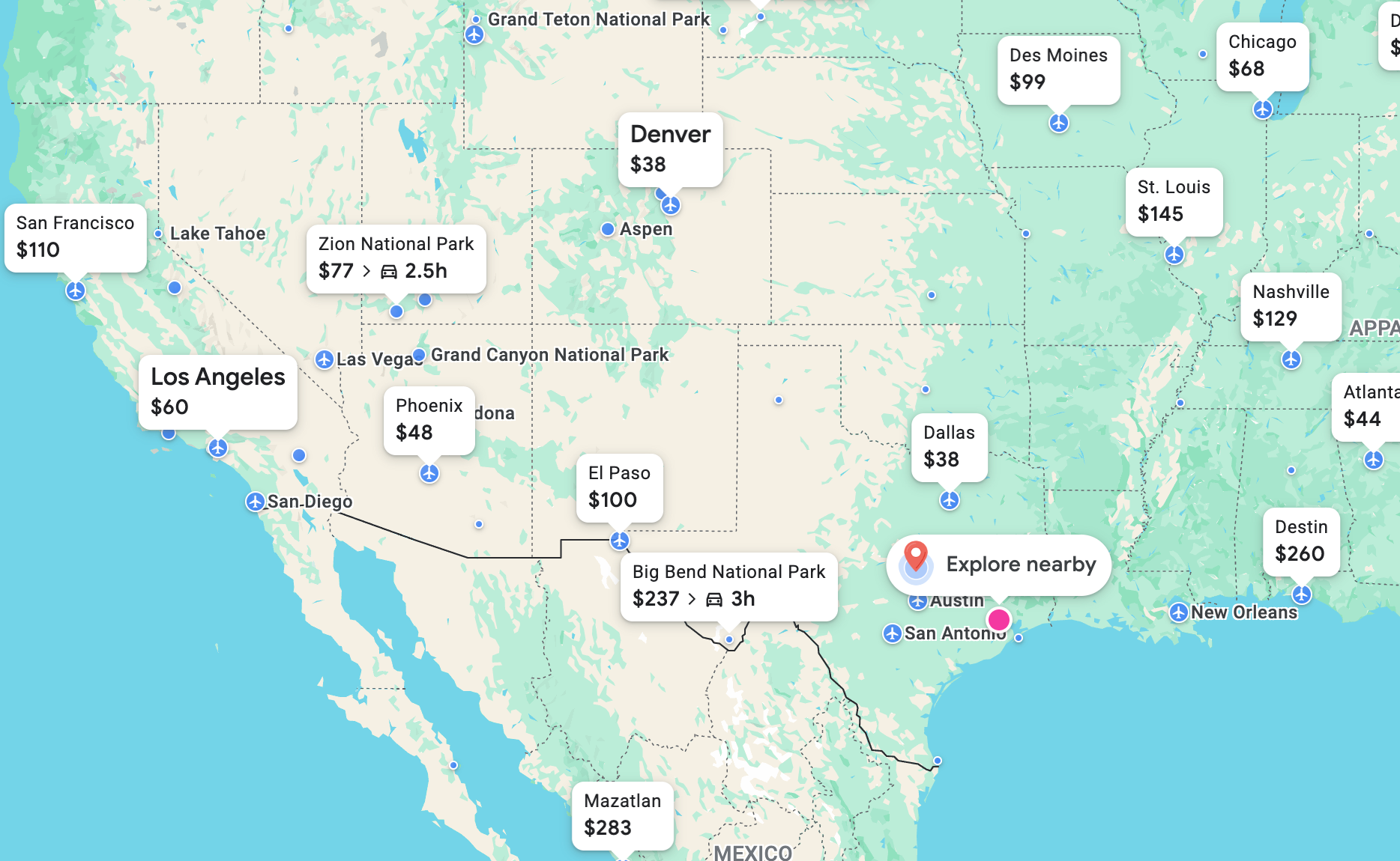 Google Flights Explore feature.