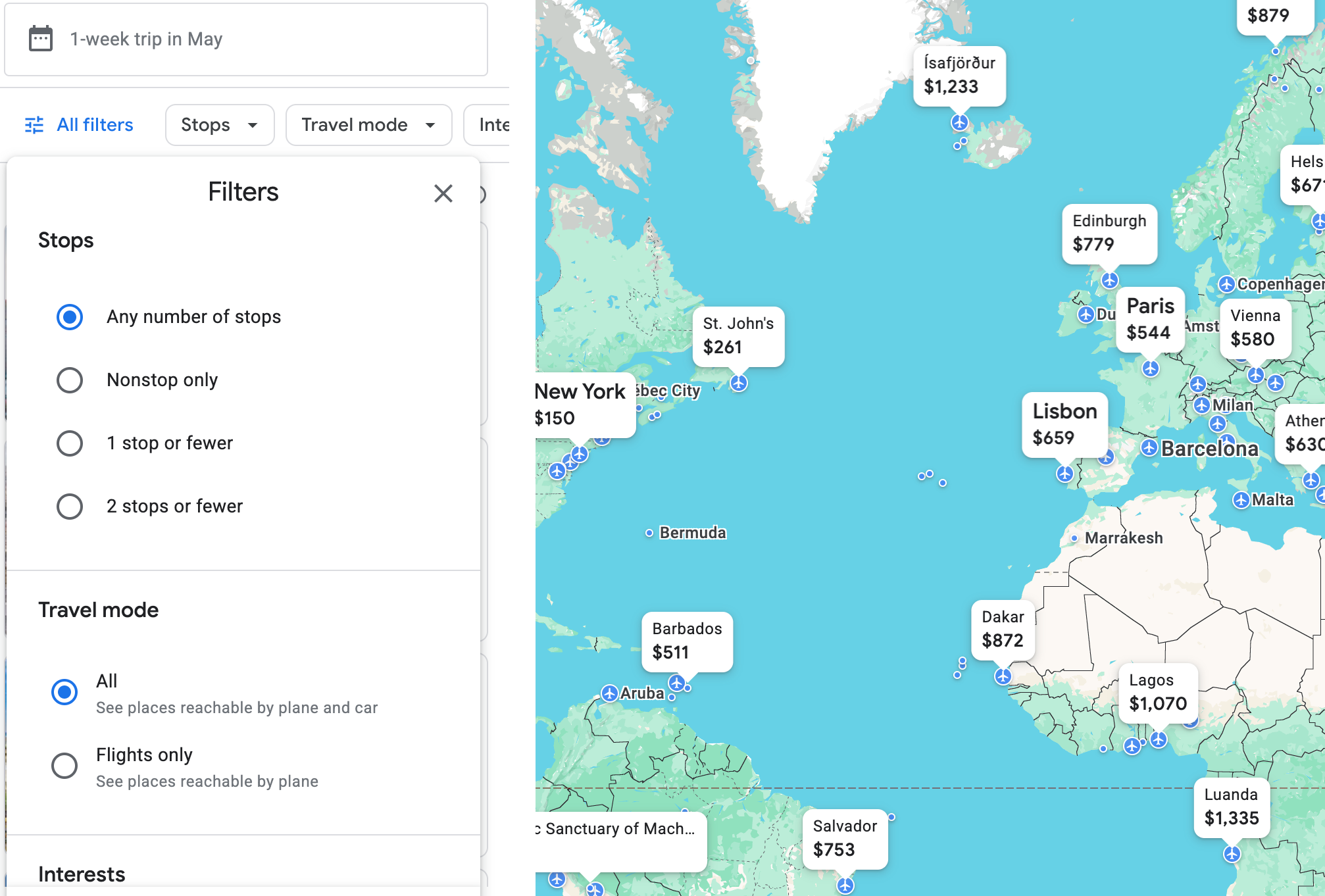 Google Flights Explore filters. GOOGLE