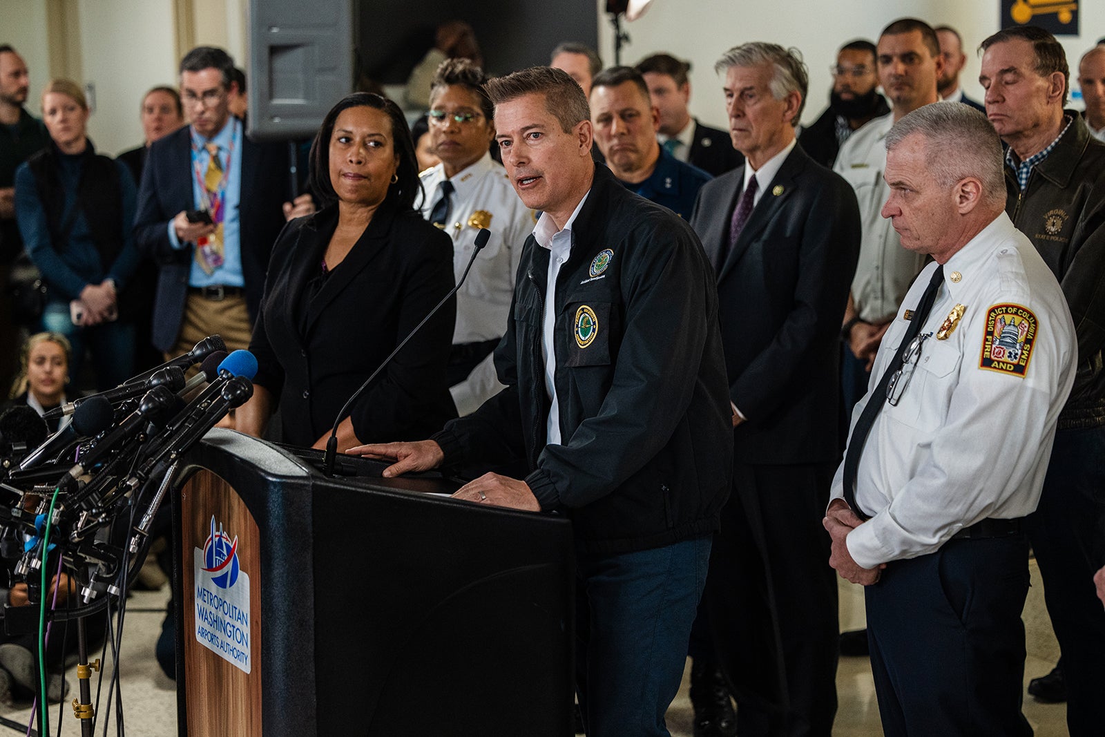 Secretary of Transportation Sean Duffy speaks at a press conference with other officials to give updates following a collision between an American Airlines plane and an Army helicopter in Washington, DC on January 30, 2025.