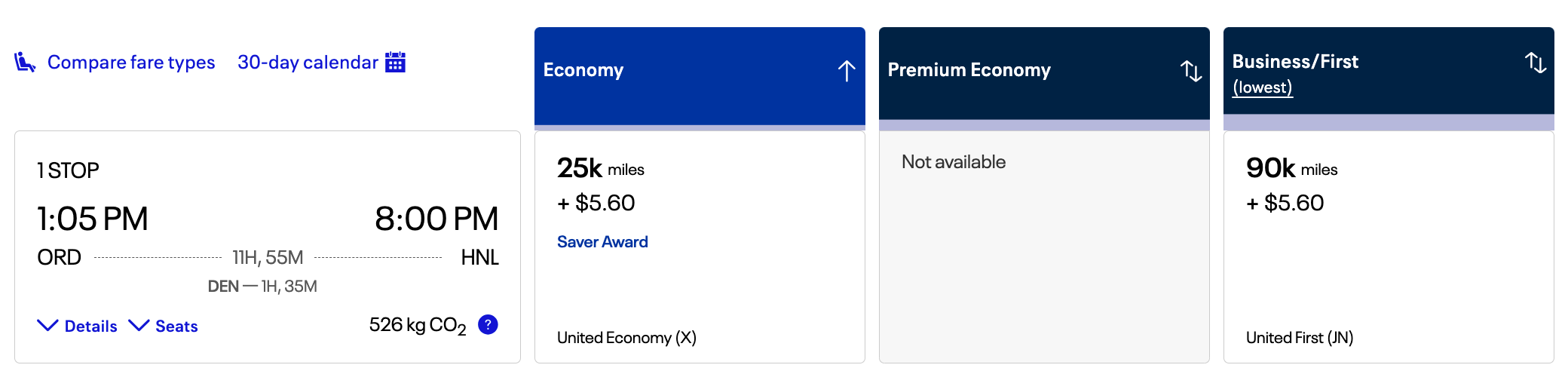 United ORD-HNL flight in miles