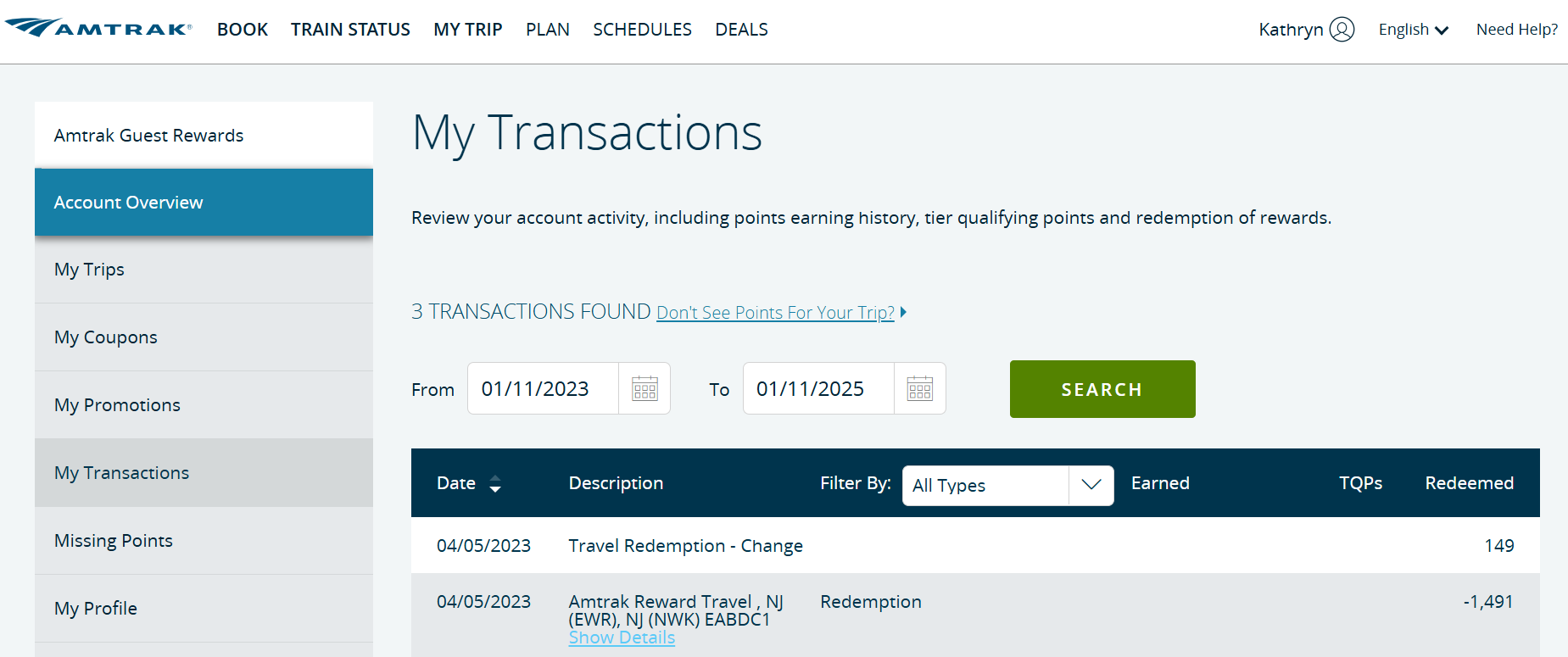 Amtrak transaction history