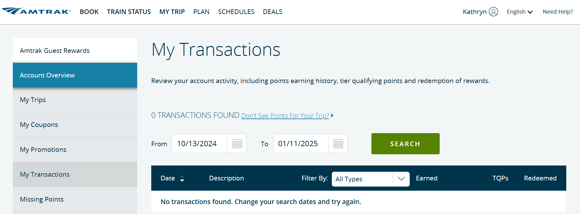 Amtrak transaction history