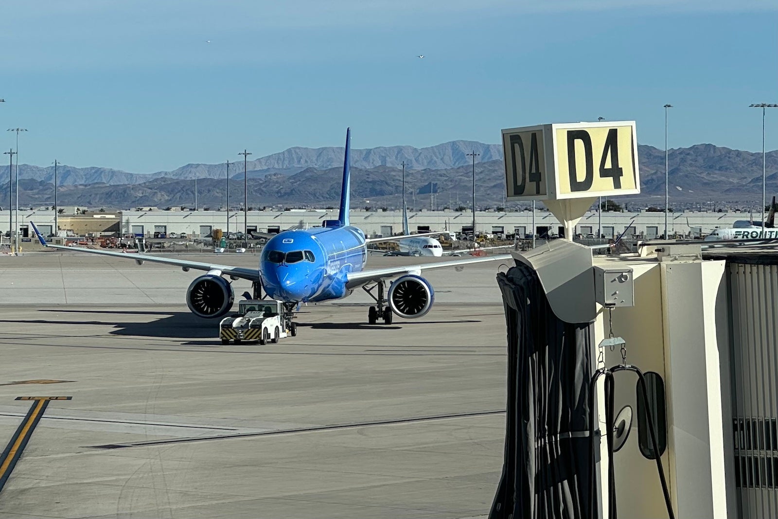 A Breeze Airways jet pushes back at Harry Reid International Airport (LAS) in Las Vegas.