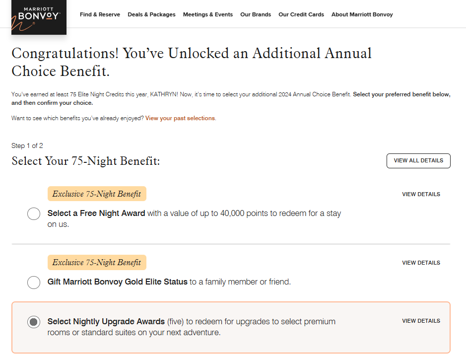 Marriott choice benefits after 75 nights