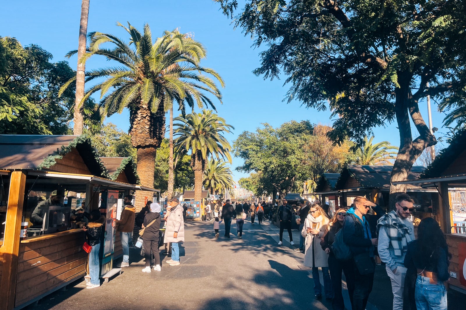 Christmas market stalls with palm trees behind them